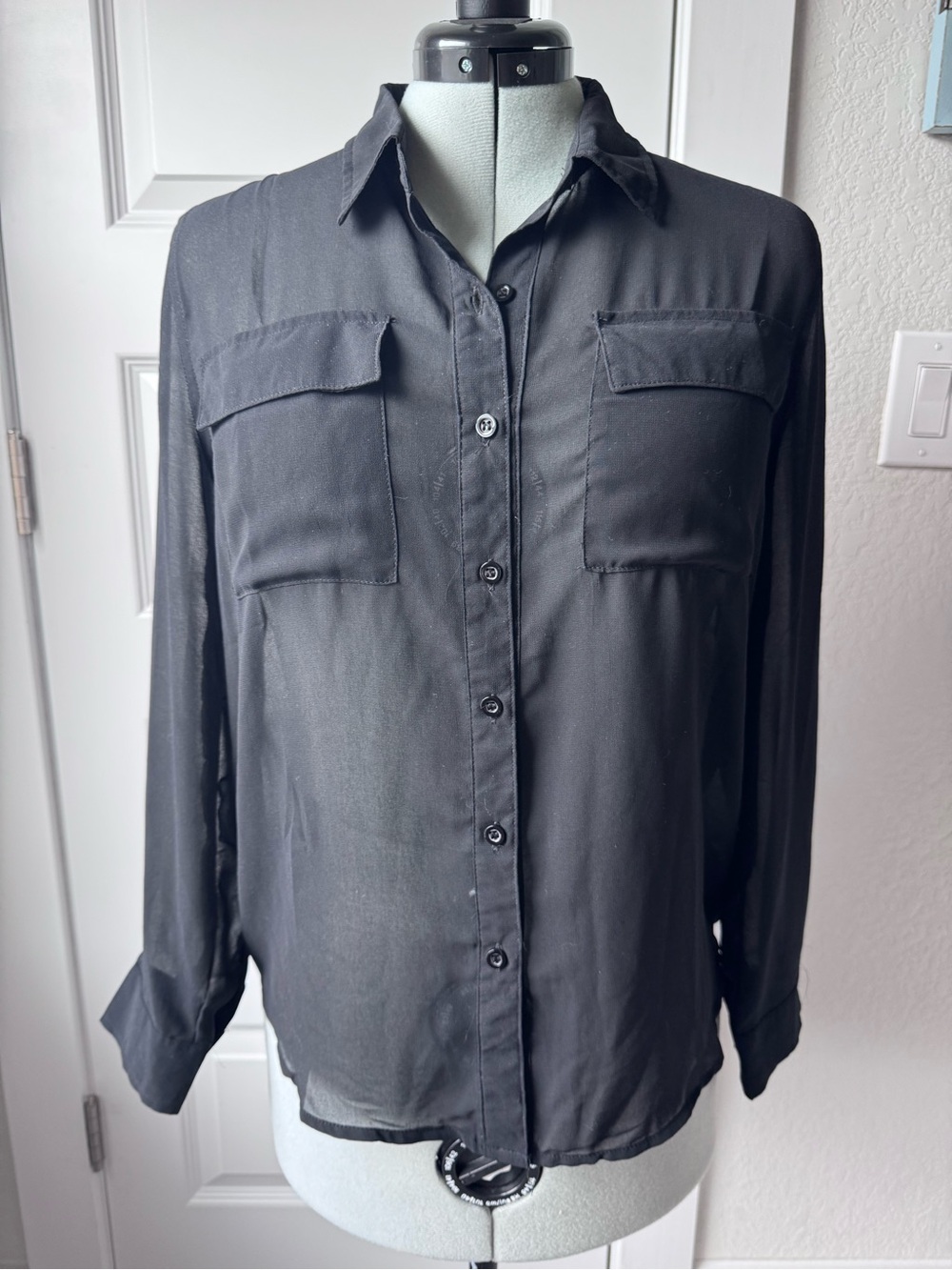 Timing Black Semi-Sheer Long Sleeve Button-Up Shirt with Chest Flaps